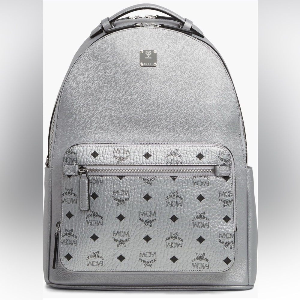 MCM STARK Backpack. Gray Metallic Leather. Unisex